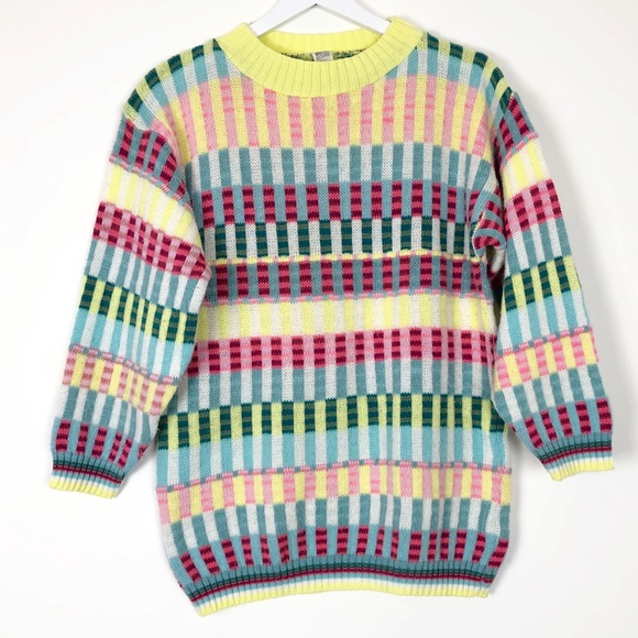 Vintage Sweaters - Vintage 80’s Rainbow Striped Crew Neck Sweater M